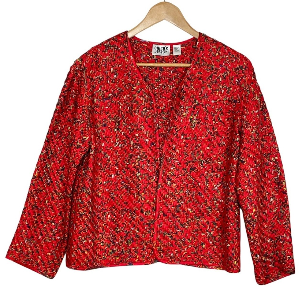 Chicos Artsy Silk Basket Weave Open Front Blazer Size M Jacket Office Textured